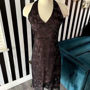 Vintage 90s / Y2K Black & Pink Midi Halter Floral Dress